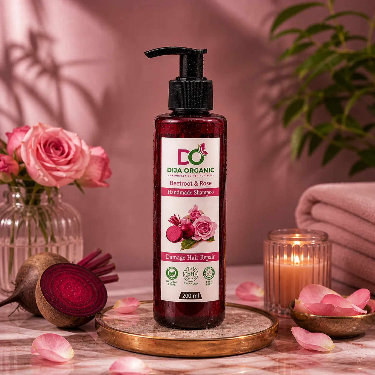 Beetroot & Rose Shampoo | Lustrous Shine & Deep Hydration Formula | DIJA Organic